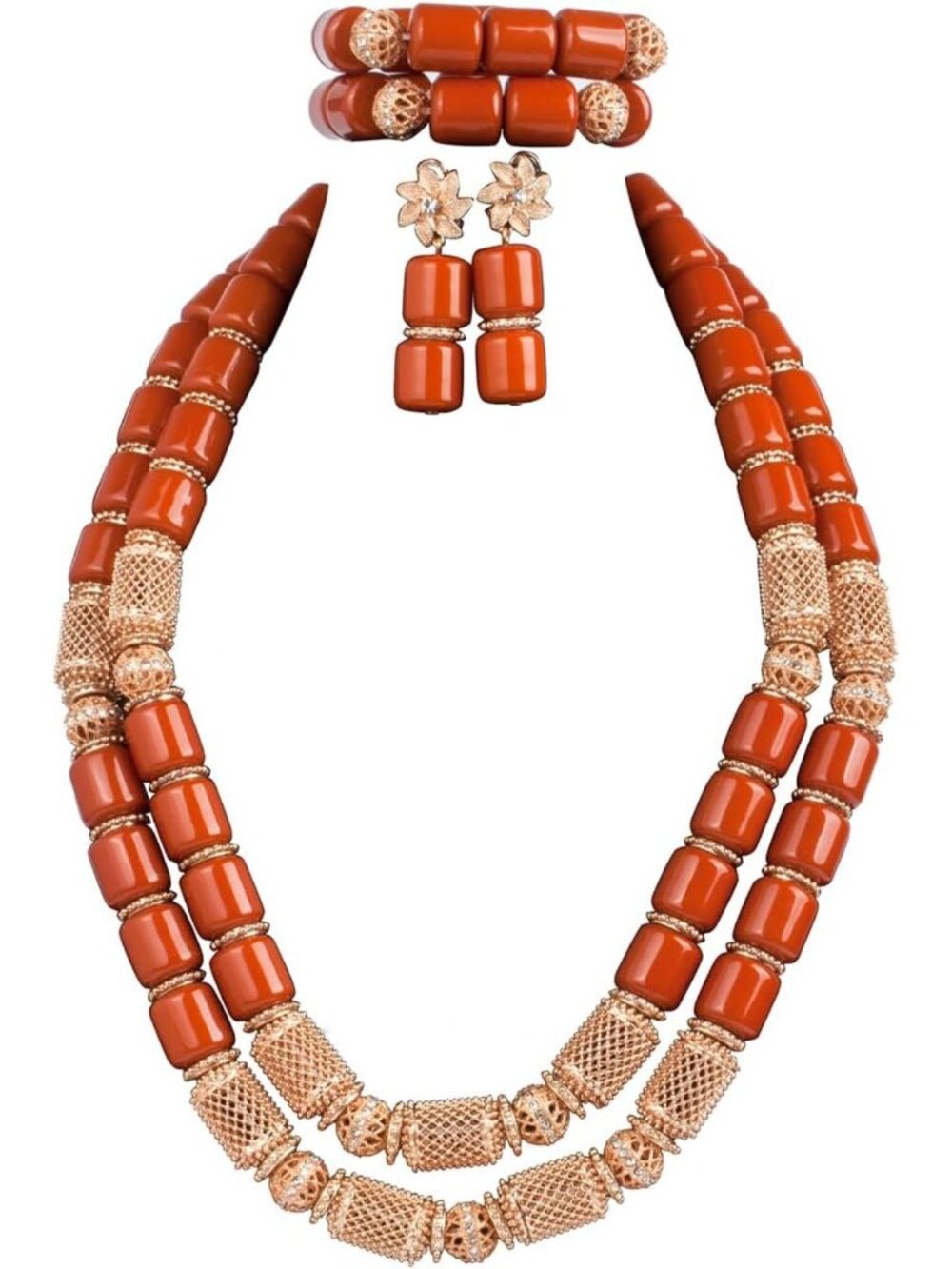 Elegant Nigerian Wedding Bead Jewelry Set - Coral & Gold Necklace, Earrings